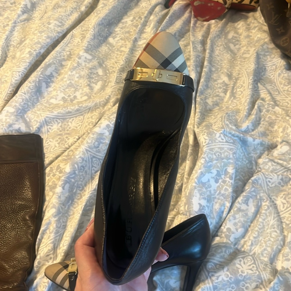 Burberry heels with iconic plaid at toes and gold buckle
